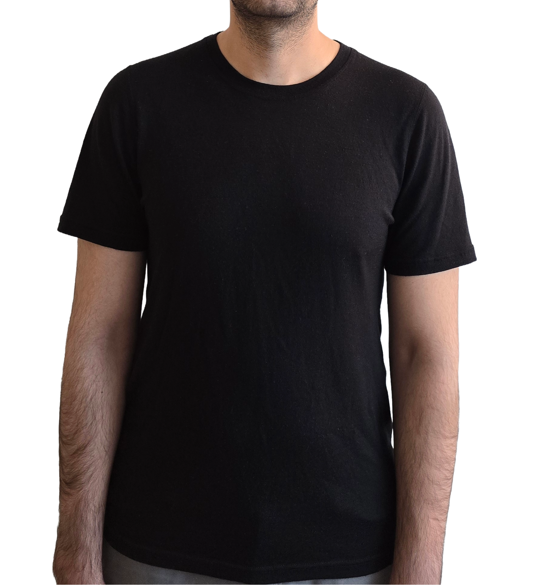 Man wearing a plain black t-shirt on a white background